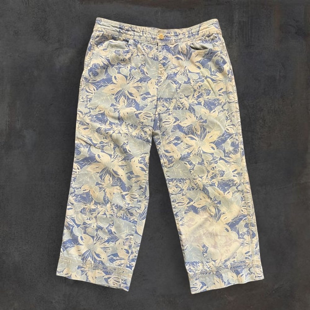 Sigrid Olsen So Blue Cropped Pants Womens Size 14P Blue White Flower 100% Cotton